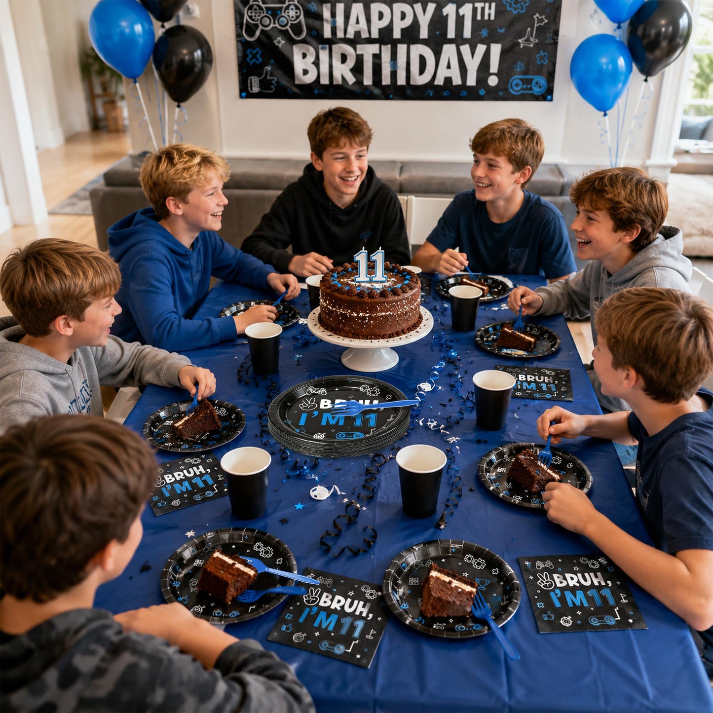 G1ngtar 96Pcs 11th Birthday Party Plates Supplies Bruh I’m 11 Years Old Blue Black Tableware Decorations Disposable Paper Plates Napkins Forks for Boys Girls Teenager Birthday Party, Serves 24