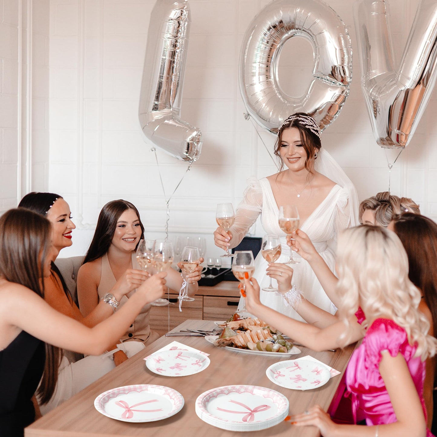 G1ngtar 48Pcs Coquette Pink Bow Paper Plates - 9 Inch and 7 Inch Disposable Paper Plates Set Cute Party Supplies Dessert Dinner Tableware Decoration for Girl Bachelorette Bridal Engagement Birthday