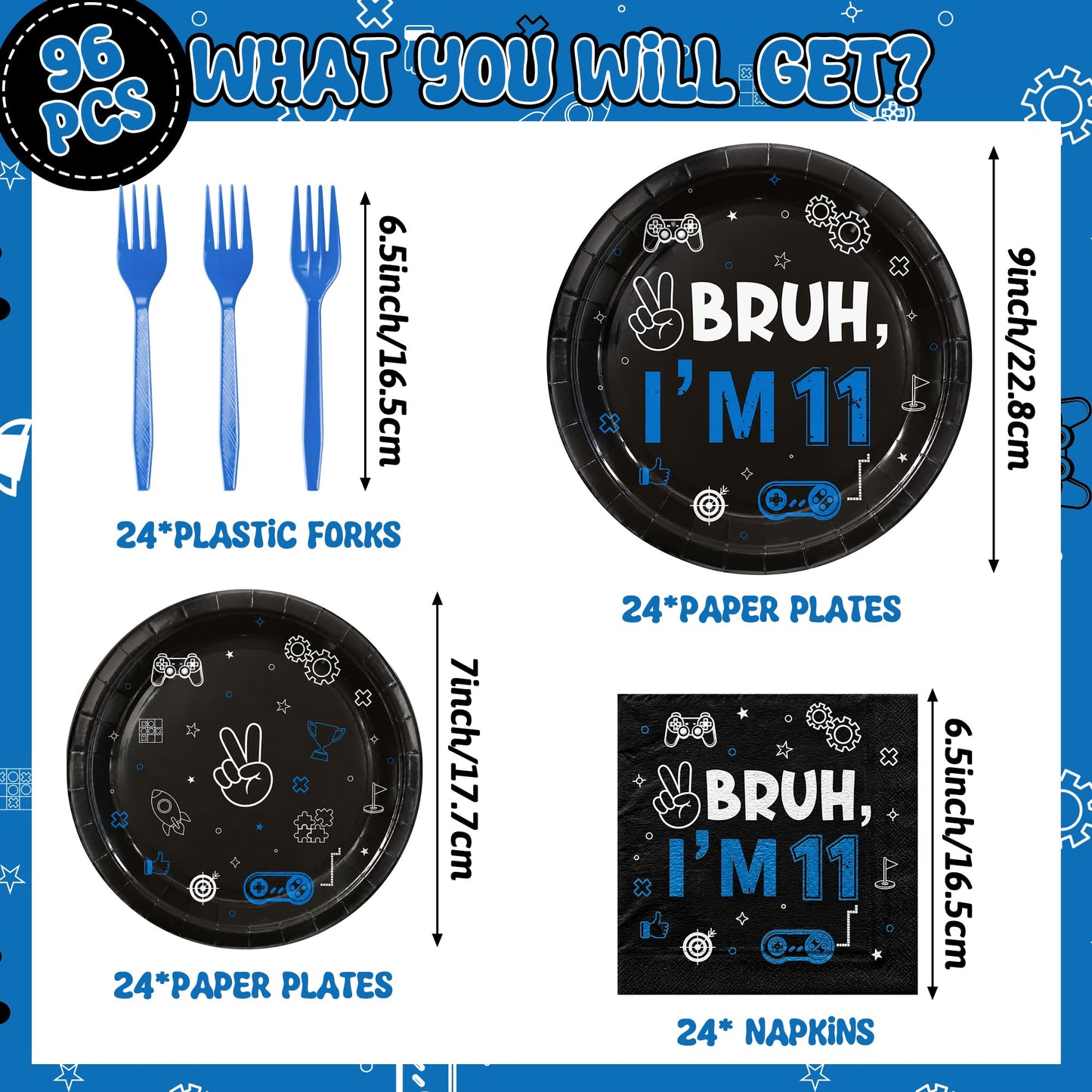 G1ngtar 96Pcs 11th Birthday Party Plates Supplies Bruh I’m 11 Years Old Blue Black Tableware Decorations Disposable Paper Plates Napkins Forks for Boys Girls Teenager Birthday Party, Serves 24