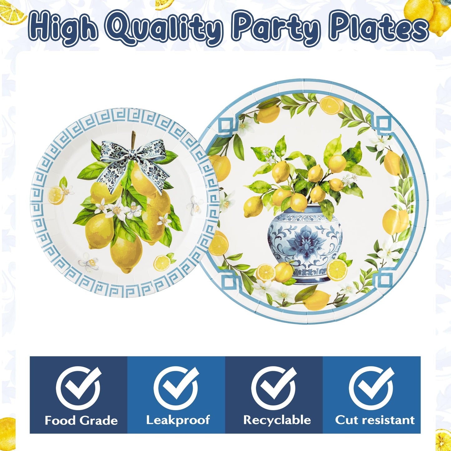 G1ngtar 96Pcs Chinoiserie Vase Lemon Party Plates Supplies Capri Lemon Blue White Vase Tableware Decorations Disposable Paper Plates Napkins Forks for Birthday Summer Party Wedding, Serves 24