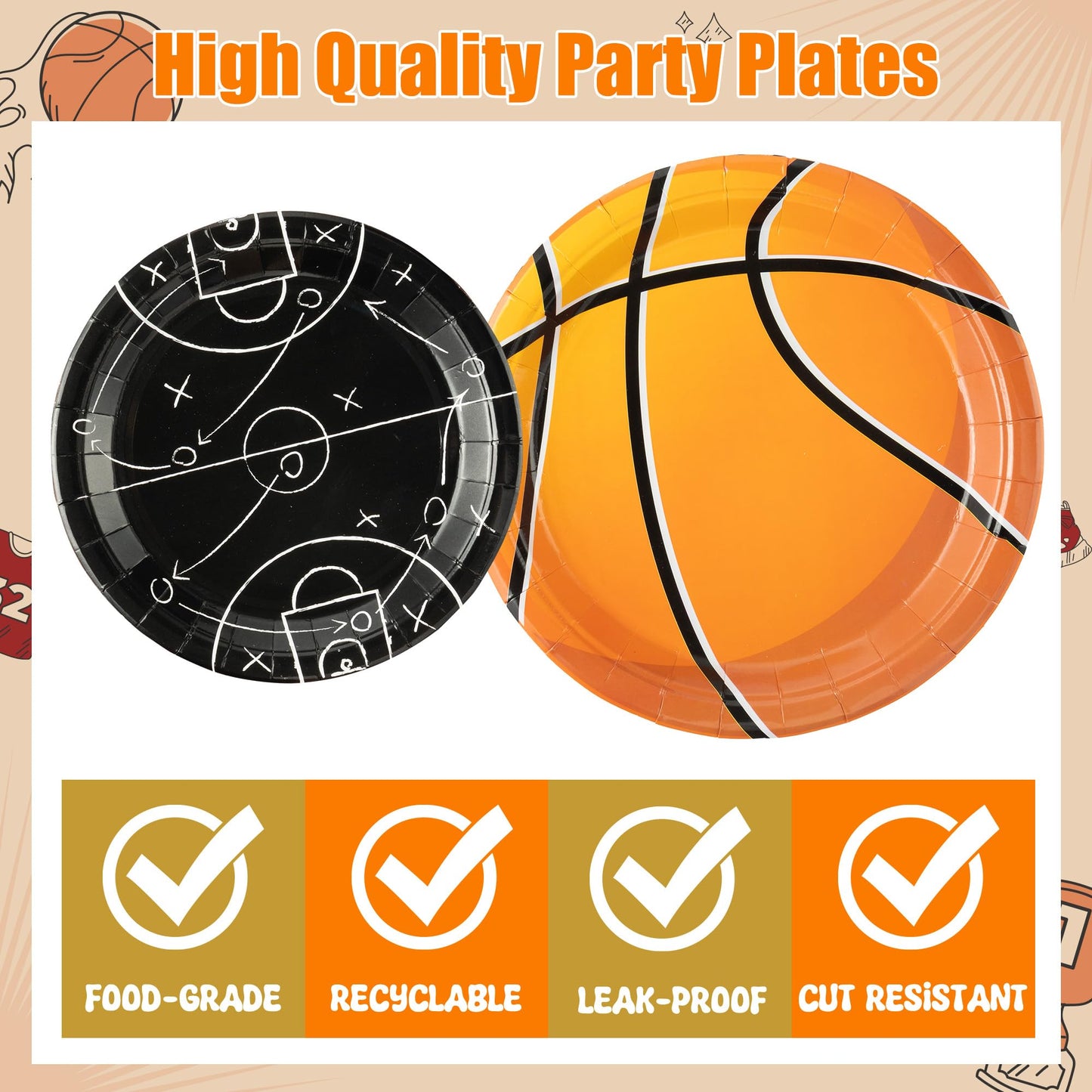 G1ngtar 96Pcs Basketball Party Plates Supplies Sports Theme Tableware Decorations Disposable Paper Plates Napkins Forks for Kid Birthday, Serves 24