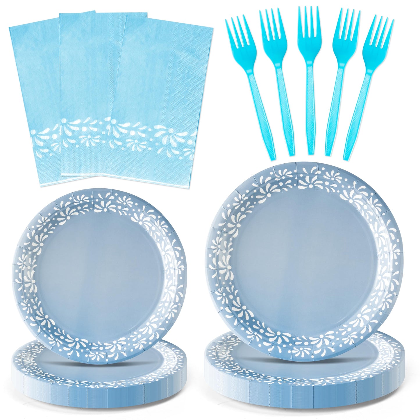 G1ngtar 96Pcs Blue Platos De Barro Mexicanos Cielito Lindo Terracotta Clay Party Plates Supplies Tableware Decorations Disposable Paper Plates Napkins Forks for Birthday Baby Shower, Serves 24
