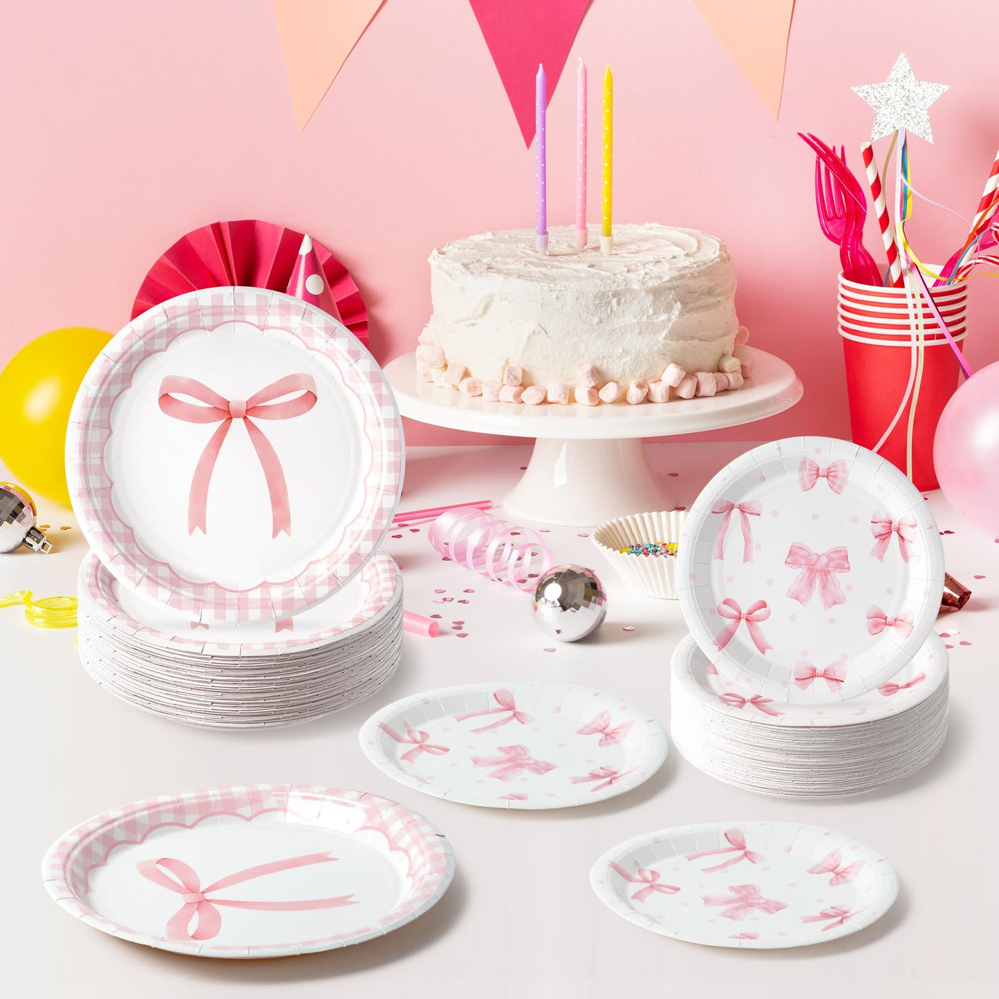 G1ngtar 48Pcs Coquette Pink Bow Paper Plates - 9 Inch and 7 Inch Disposable Paper Plates Set Cute Party Supplies Dessert Dinner Tableware Decoration for Girl Bachelorette Bridal Engagement Birthday