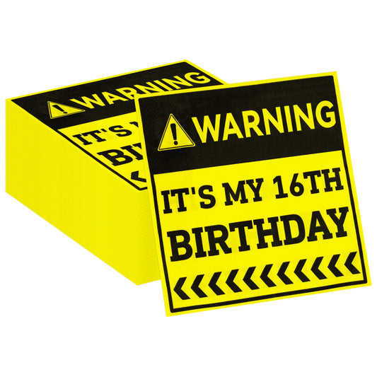 G1ngtar 16th Birthday Themed Paper Napkins - 48Pcs Warning It’s My 16th Birthday Party Decoration Sixteen Years Old Paper Napkin Set Disposable Party Supplies Decor for Teens Boy Girl (6.3 Inches)