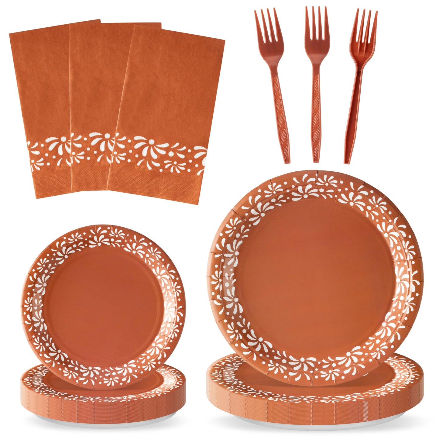 G1ngtar 96Pcs Brown Platos De Barro Mexicanos Cielito Lindo Terracotta Clay Party Plates Supplies Tableware Decorations Disposable Paper Plates Napkins Forks for Birthday Baby Shower, Serves 24