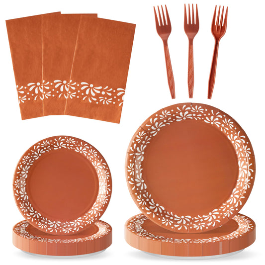 G1ngtar 96Pcs Brown Platos De Barro Mexicanos Cielito Lindo Terracotta Clay Party Plates Supplies Tableware Decorations Disposable Paper Plates Napkins Forks for Birthday Baby Shower, Serves 24