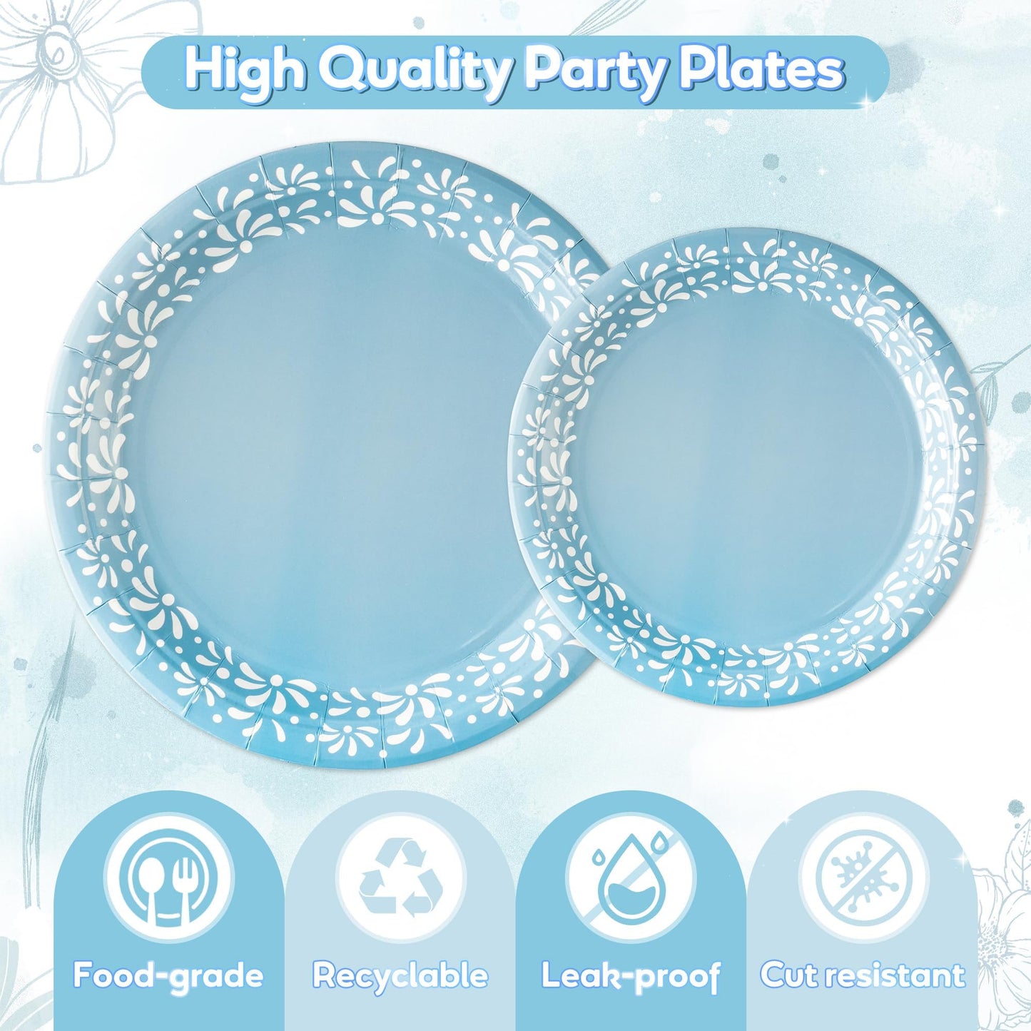 G1ngtar 96Pcs Blue Platos De Barro Mexicanos Cielito Lindo Terracotta Clay Party Plates Supplies Tableware Decorations Disposable Paper Plates Napkins Forks for Birthday Baby Shower, Serves 24