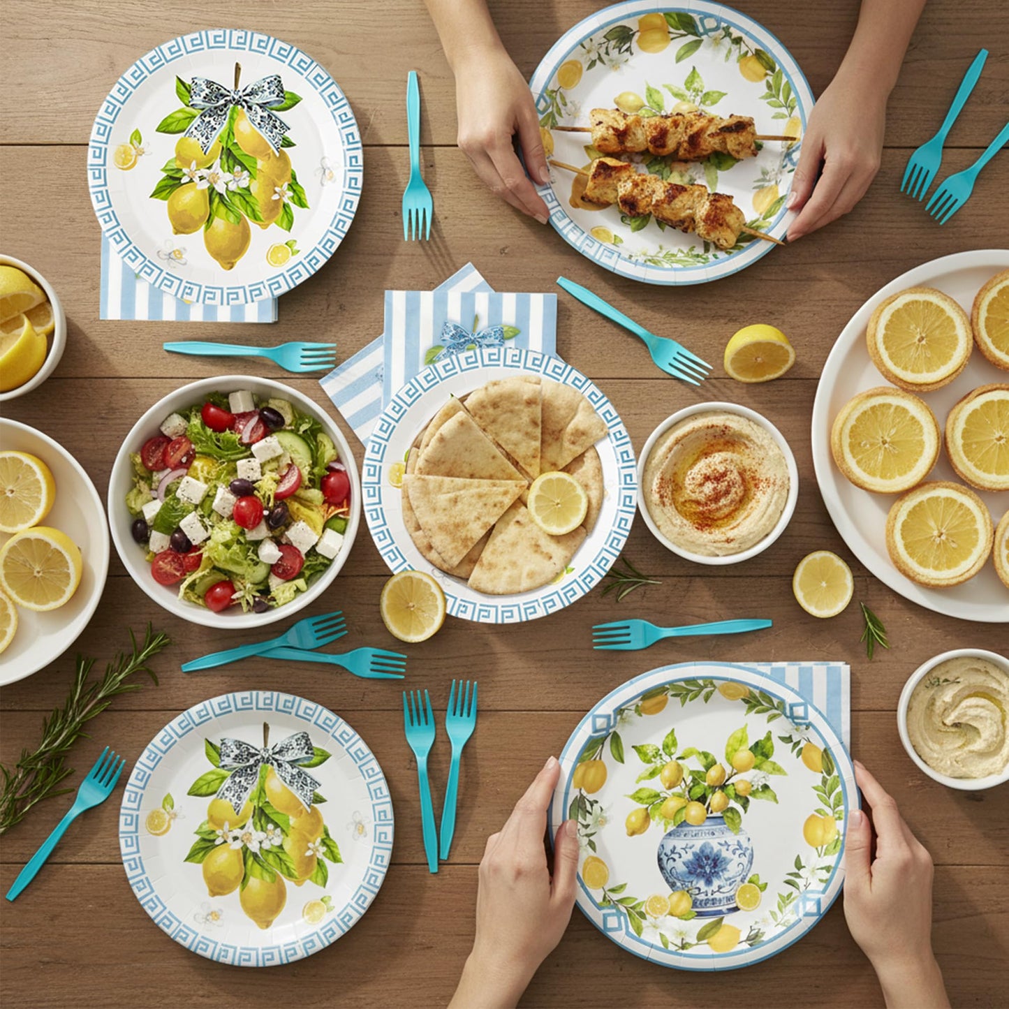 G1ngtar 96Pcs Chinoiserie Vase Lemon Party Plates Supplies Capri Lemon Blue White Vase Tableware Decorations Disposable Paper Plates Napkins Forks for Birthday Summer Party Wedding, Serves 24