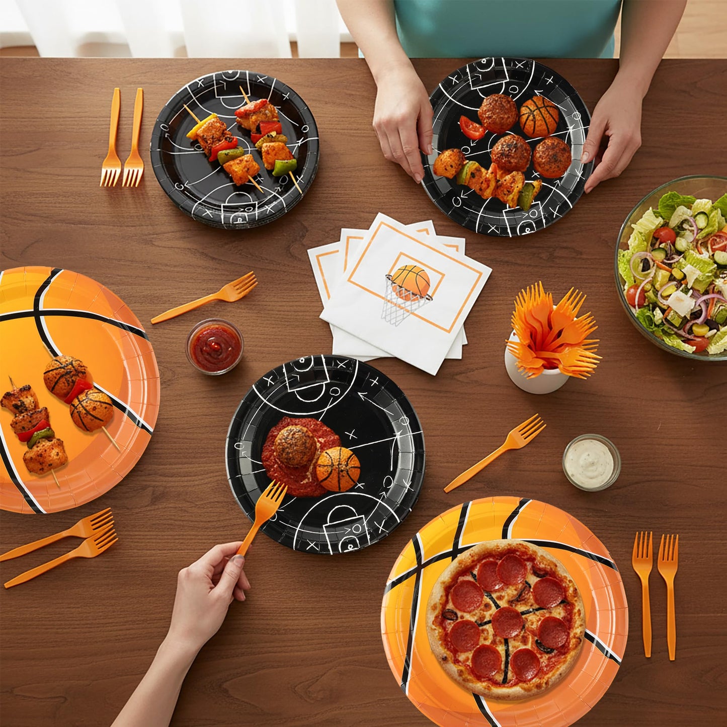 G1ngtar 96Pcs Basketball Party Plates Supplies Sports Theme Tableware Decorations Disposable Paper Plates Napkins Forks for Kid Birthday, Serves 24