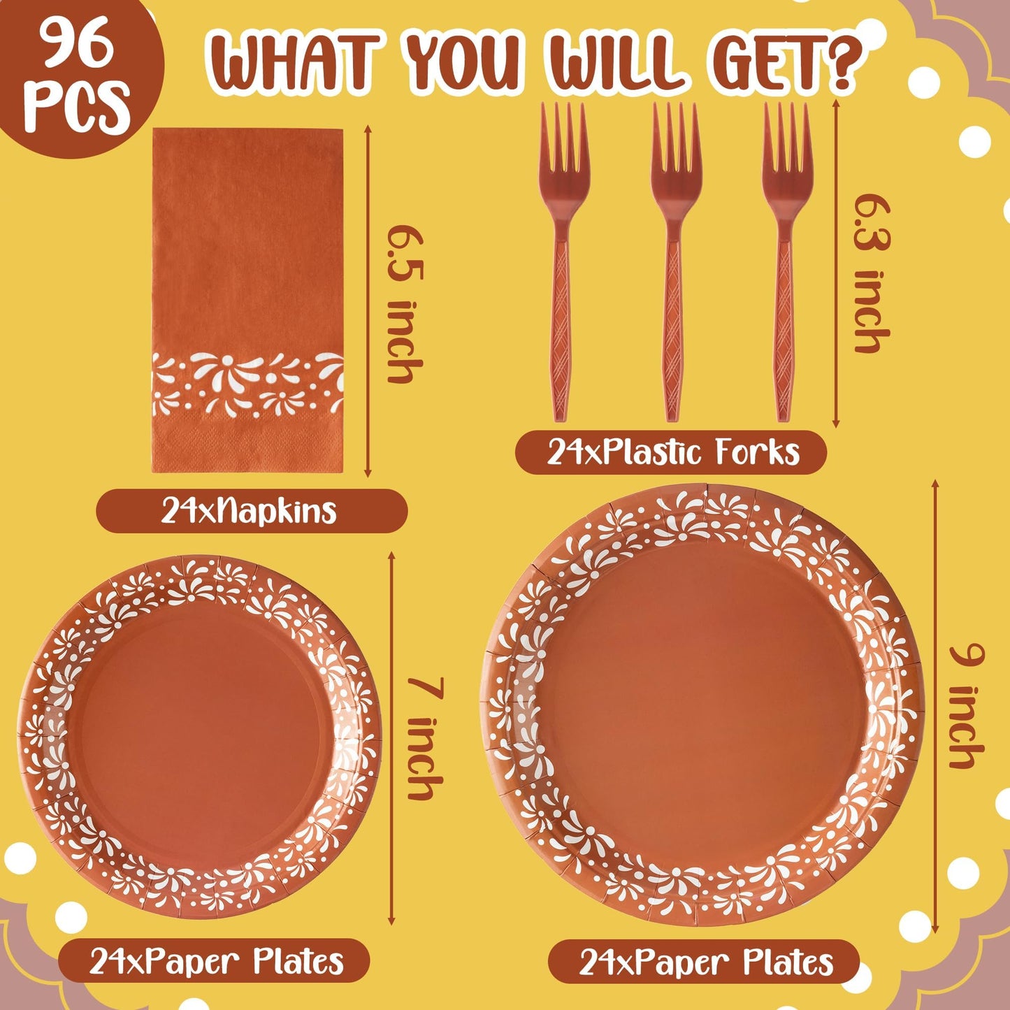 G1ngtar 96Pcs Brown Platos De Barro Mexicanos Cielito Lindo Terracotta Clay Party Plates Supplies Tableware Decorations Disposable Paper Plates Napkins Forks for Birthday Baby Shower, Serves 24