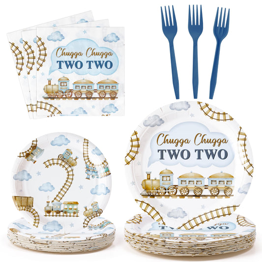 G1ngtar 96Pcs Chugga Chugga Two Two Watercolor Train 2nd Year Old Retro Birthday Party Plates Supplies - Party Tableware Decoration Disposable Paper Plate Napkin Fork for Birthday, Serves 24