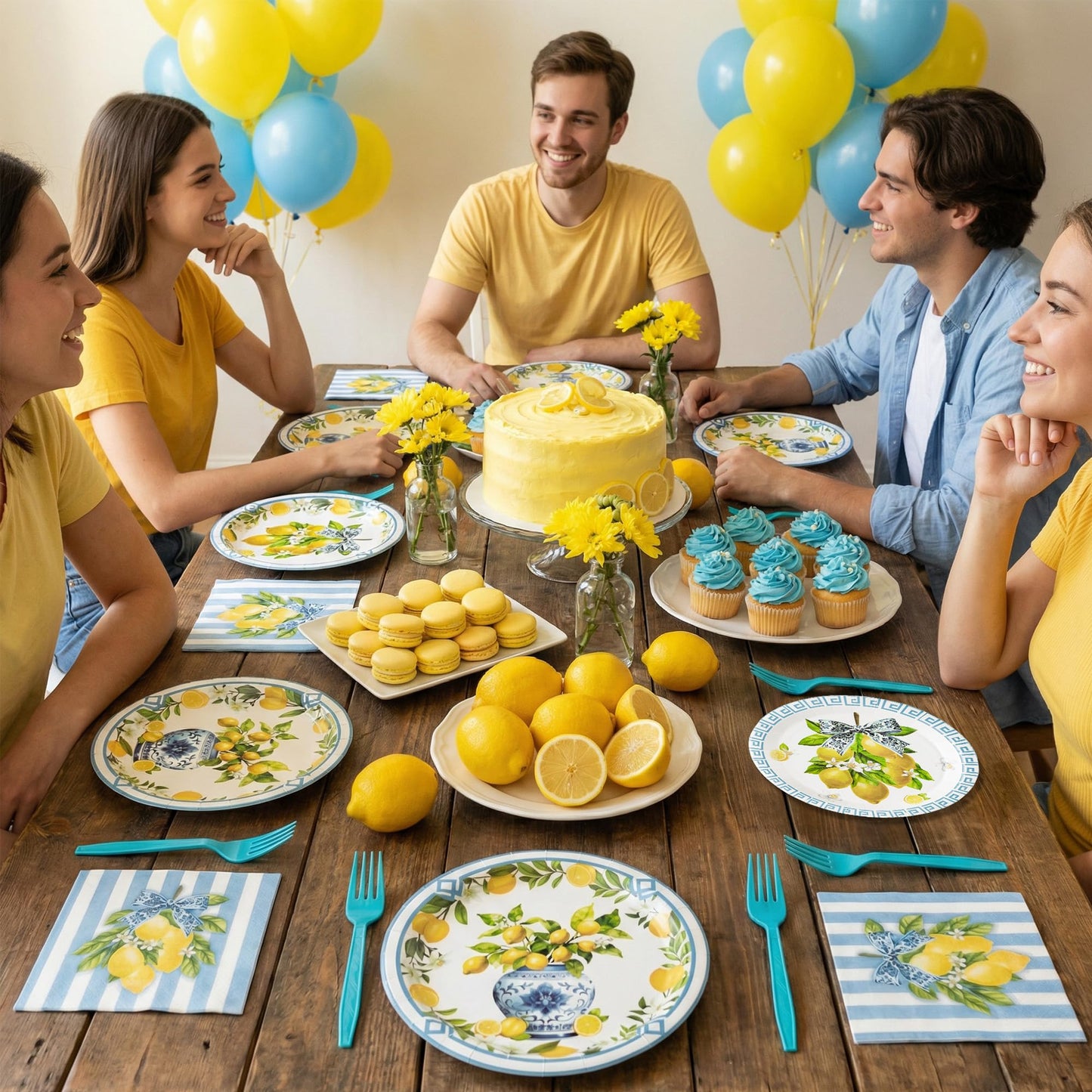 G1ngtar 96Pcs Chinoiserie Vase Lemon Party Plates Supplies Capri Lemon Blue White Vase Tableware Decorations Disposable Paper Plates Napkins Forks for Birthday Summer Party Wedding, Serves 24