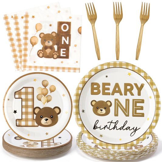 G1ngtar 96Pcs Beary One First 1st Year Brown Birthday Party Plates Supplies - Party Tableware Decorations Disposable Paper Plates Napkins Forks for Birthday Gender Reveal Baby Shower, Serves 24