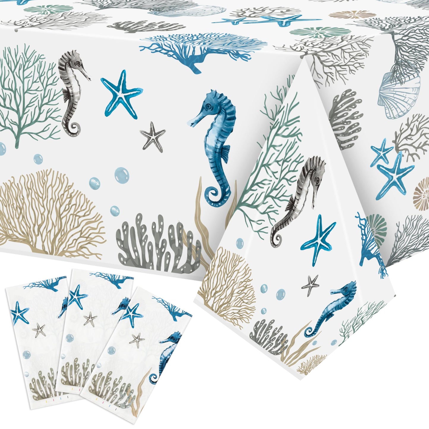 G1ngtar 3Pcs Ocean Seashell Coastal Beach Party Tablecloths Disposable Plastic Waterproof Rectangular Table Covers Summer Starfish Coral Baby Shower Party Decorations Supplies, 86.6"x51.2"
