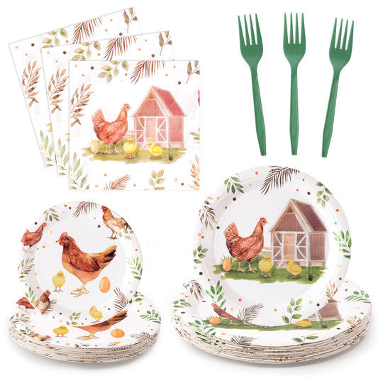 G1ngtar 96Pcs Chicken Barnyard Farm Animal Watercolor Hen Chick Party Plates Supplies Tableware Decoration Disposable Paper Plate Napkin Fork for Kids Birthday Baby Shower, Serves 24