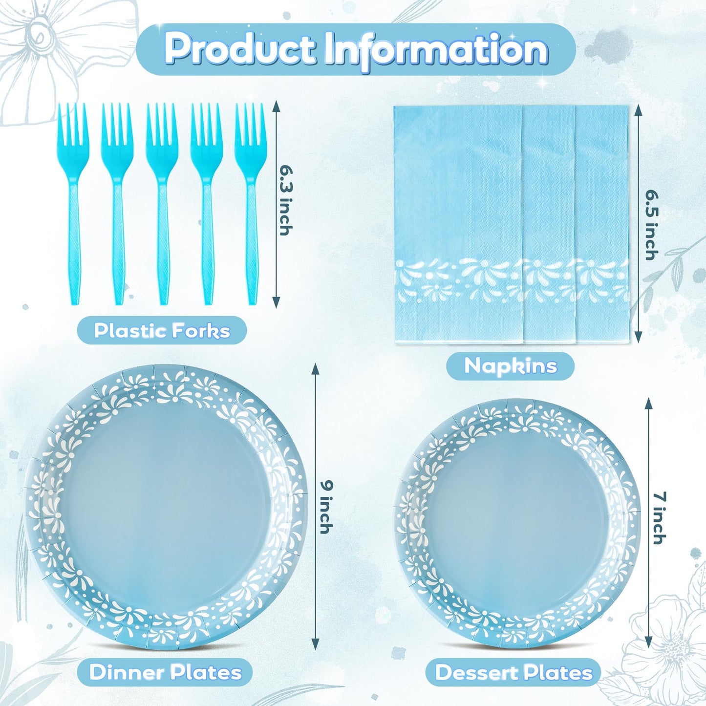 G1ngtar 96Pcs Blue Platos De Barro Mexicanos Cielito Lindo Terracotta Clay Party Plates Supplies Tableware Decorations Disposable Paper Plates Napkins Forks for Birthday Baby Shower, Serves 24
