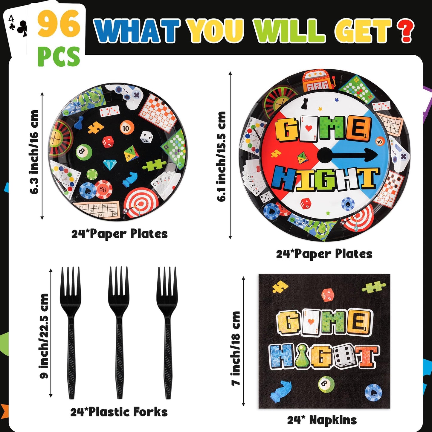 G1ngtar 96Pcs Family Game Night Gaming on Video Game Chess Card Party Plates Supplies - Party Tableware Decorations Disposable Paper Plates Napkins Forks for Birthday Family Gamer, Serves 24 Guest