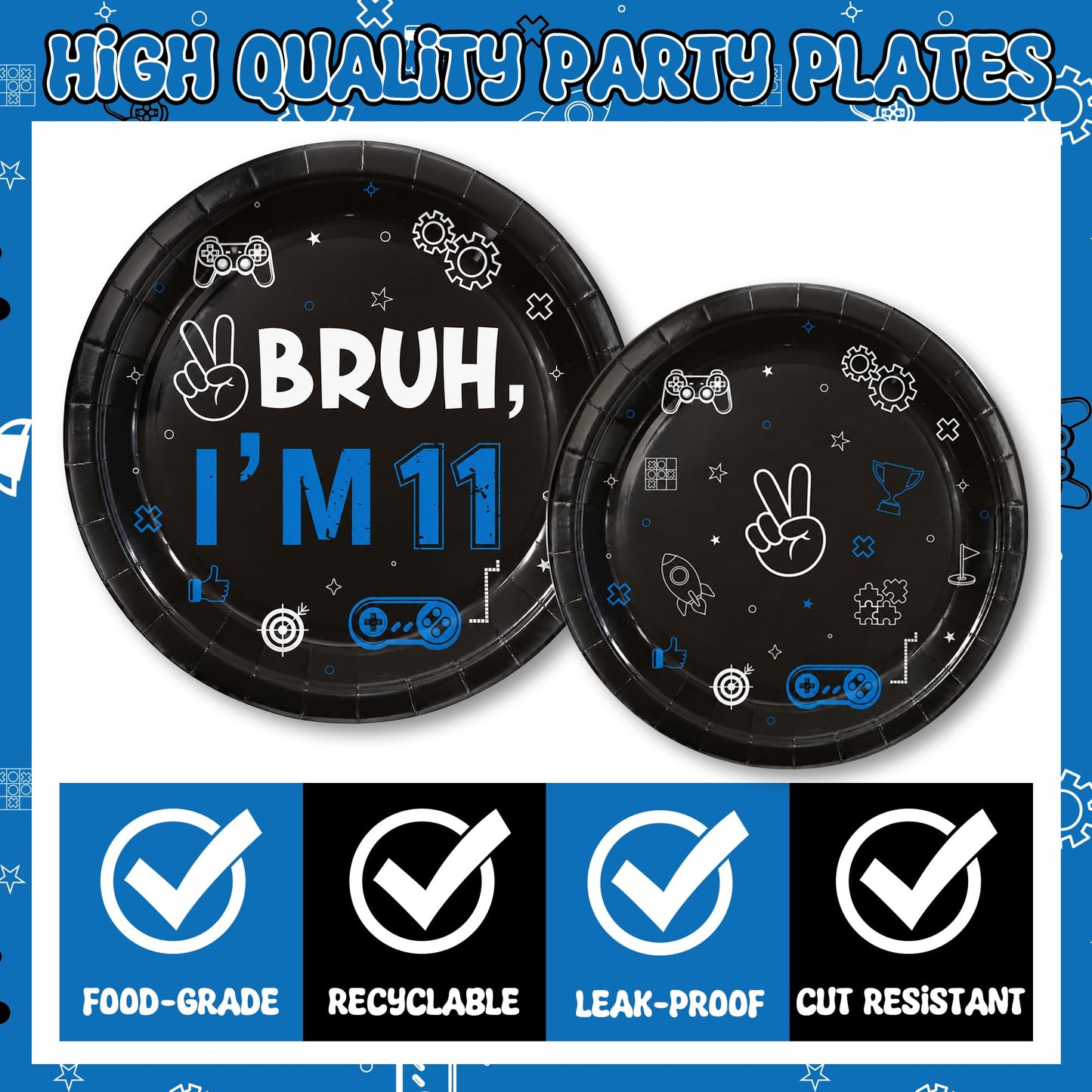 G1ngtar 96Pcs 11th Birthday Party Plates Supplies Bruh I’m 11 Years Old Blue Black Tableware Decorations Disposable Paper Plates Napkins Forks for Boys Girls Teenager Birthday Party, Serves 24