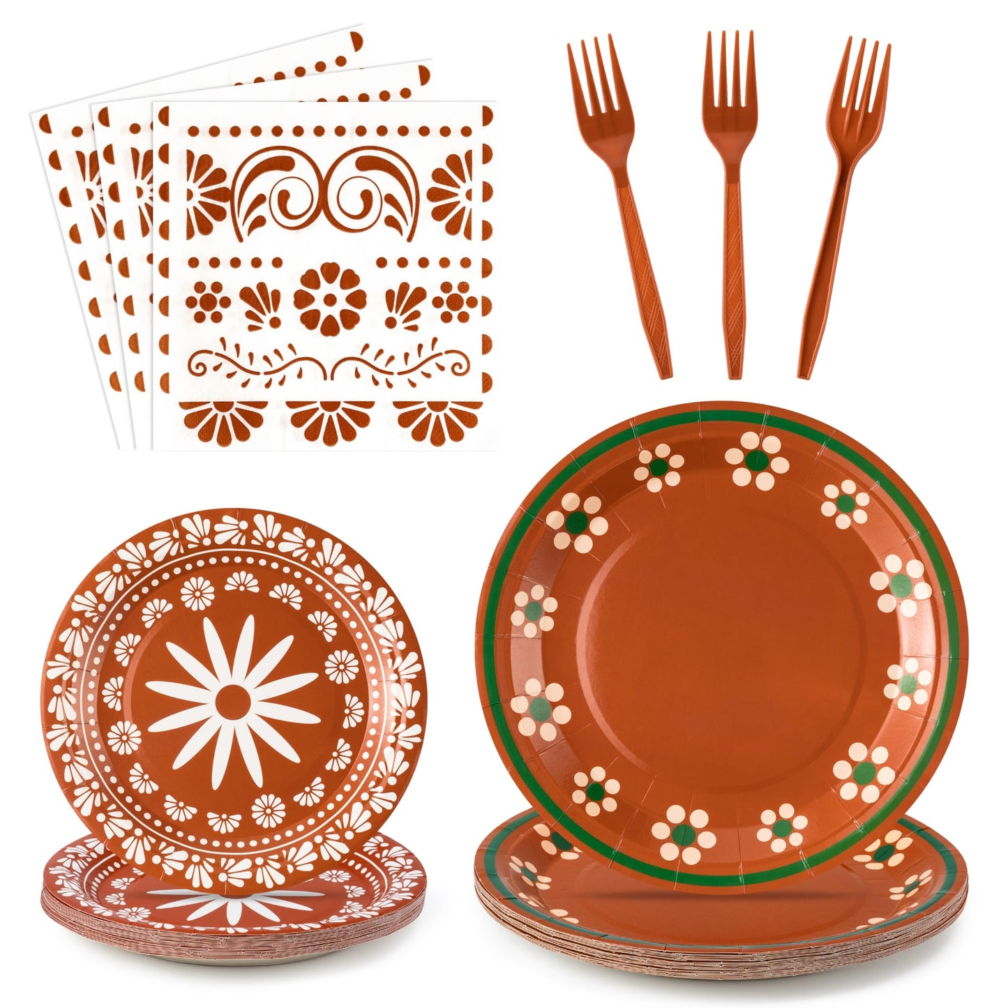 G1ngtar 96Pcs Platos De Barro Mexicanos Cielito Lindo Terracotta Clay Party Plates Supplies Tableware Decorations Disposable Paper Plates Napkins Forks for Birthday Wedding Baby Shower, Serves 24
