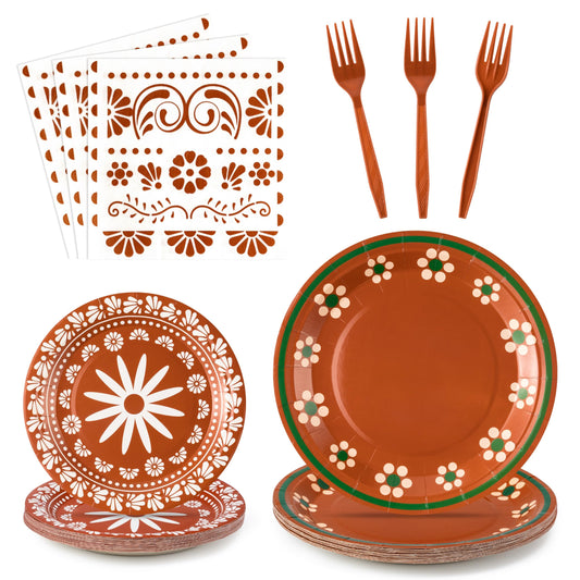G1ngtar 96Pcs Platos De Barro Mexicanos Cielito Lindo Terracotta Clay Party Plates Supplies Tableware Decorations Disposable Paper Plates Napkins Forks for Birthday Wedding Baby Shower, Serves 24