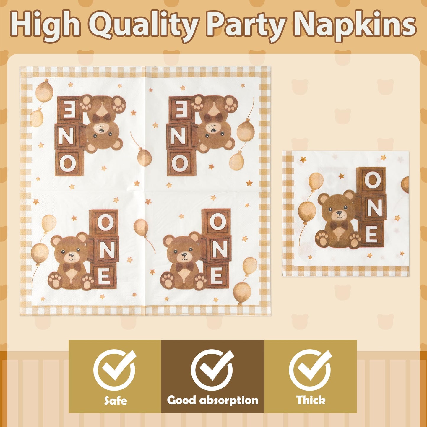 G1ngtar 96Pcs Beary One First 1st Year Brown Birthday Party Plates Supplies - Party Tableware Decorations Disposable Paper Plates Napkins Forks for Birthday Gender Reveal Baby Shower, Serves 24