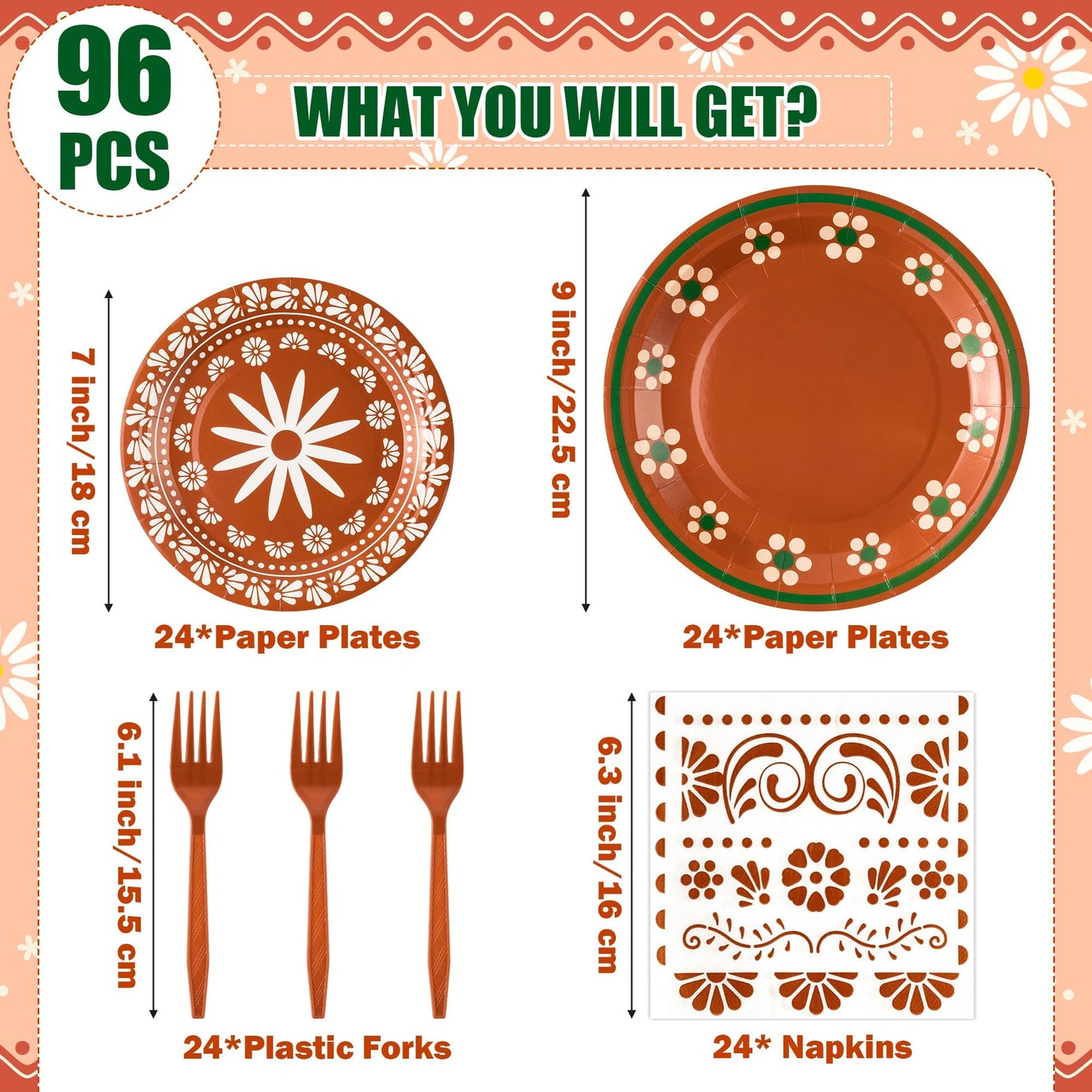 G1ngtar 96Pcs Platos De Barro Mexicanos Cielito Lindo Terracotta Clay Party Plates Supplies Tableware Decorations Disposable Paper Plates Napkins Forks for Birthday Wedding Baby Shower, Serves 24