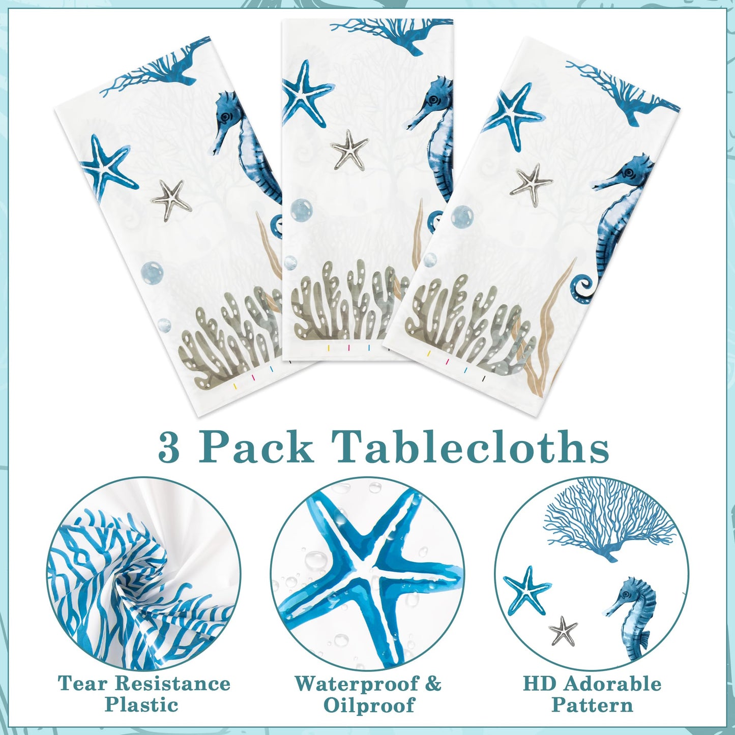 G1ngtar 3Pcs Ocean Seashell Coastal Beach Party Tablecloths Disposable Plastic Waterproof Rectangular Table Covers Summer Starfish Coral Baby Shower Party Decorations Supplies, 86.6"x51.2"