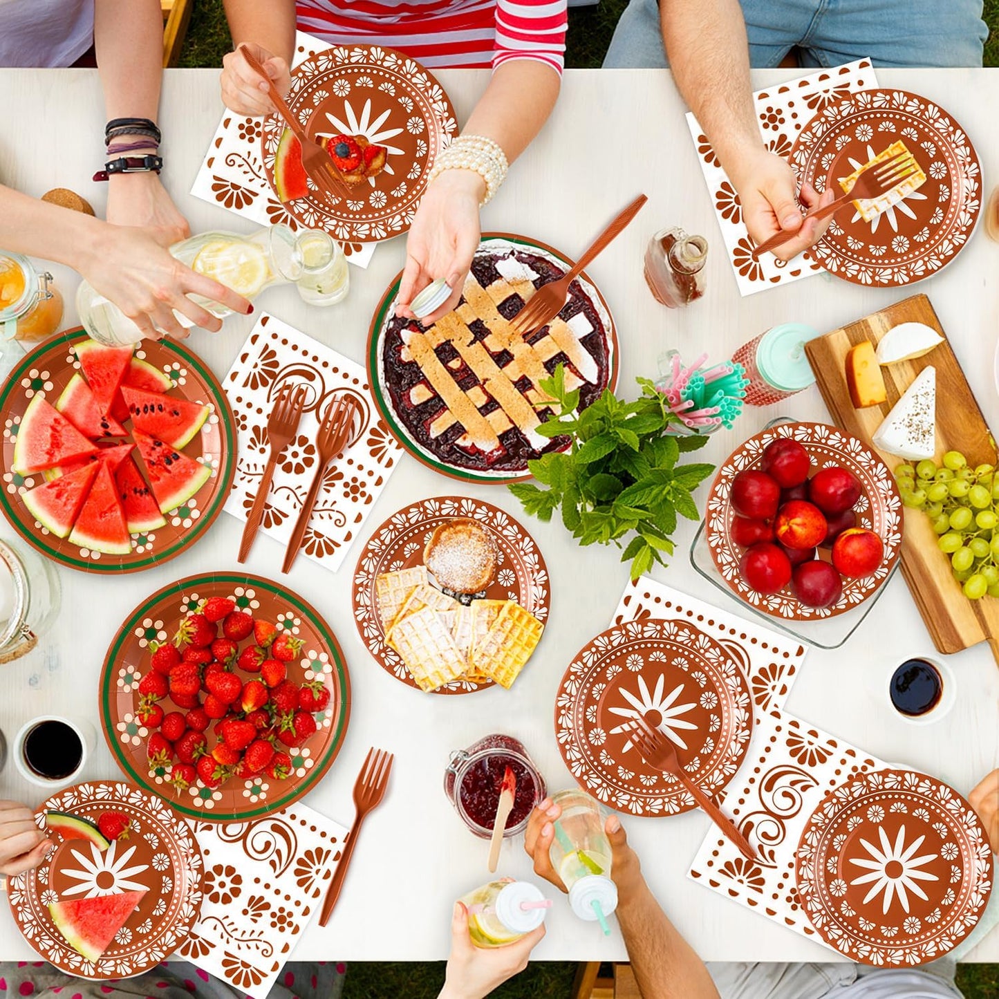 G1ngtar 96Pcs Platos De Barro Mexicanos Cielito Lindo Terracotta Clay Party Plates Supplies Tableware Decorations Disposable Paper Plates Napkins Forks for Birthday Wedding Baby Shower, Serves 24