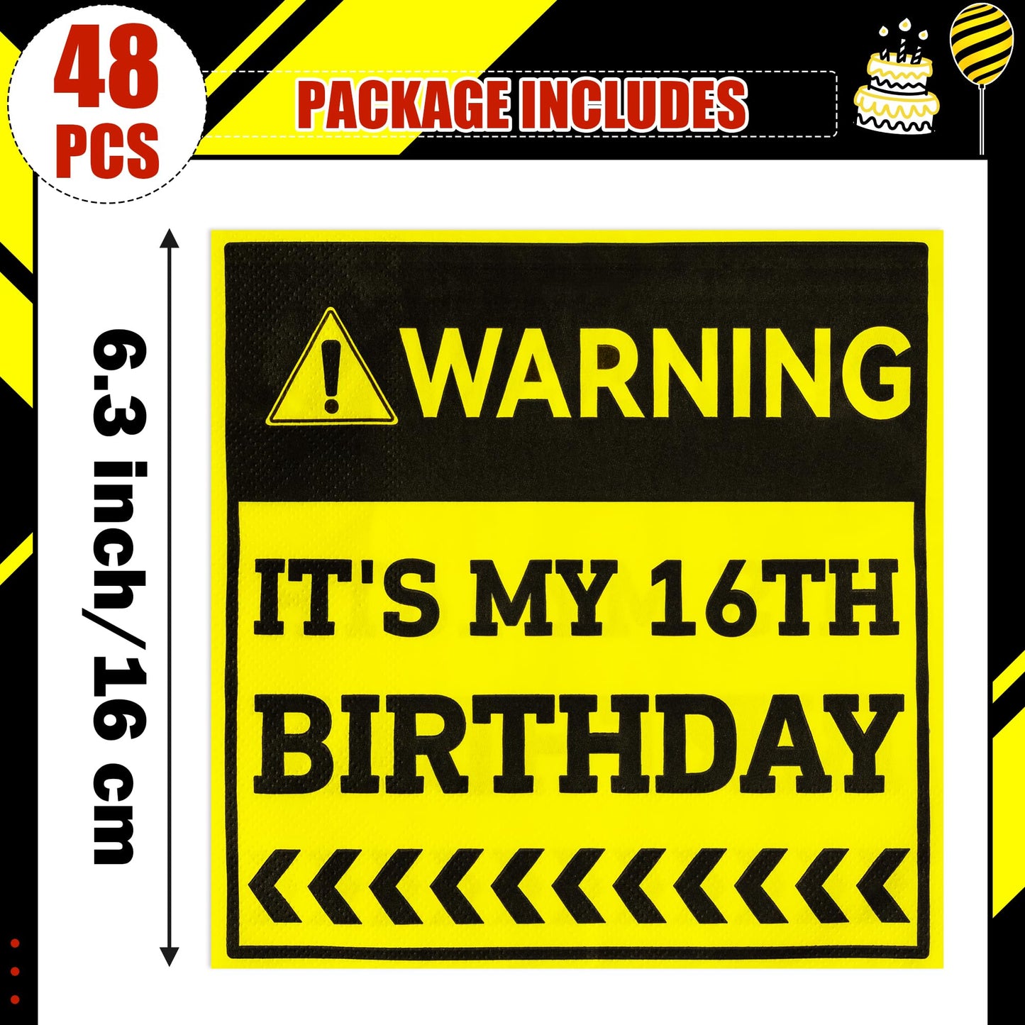 G1ngtar 16th Birthday Themed Paper Napkins - 48Pcs Warning It’s My 16th Birthday Party Decoration Sixteen Years Old Paper Napkin Set Disposable Party Supplies Decor for Teens Boy Girl (6.3 Inches)