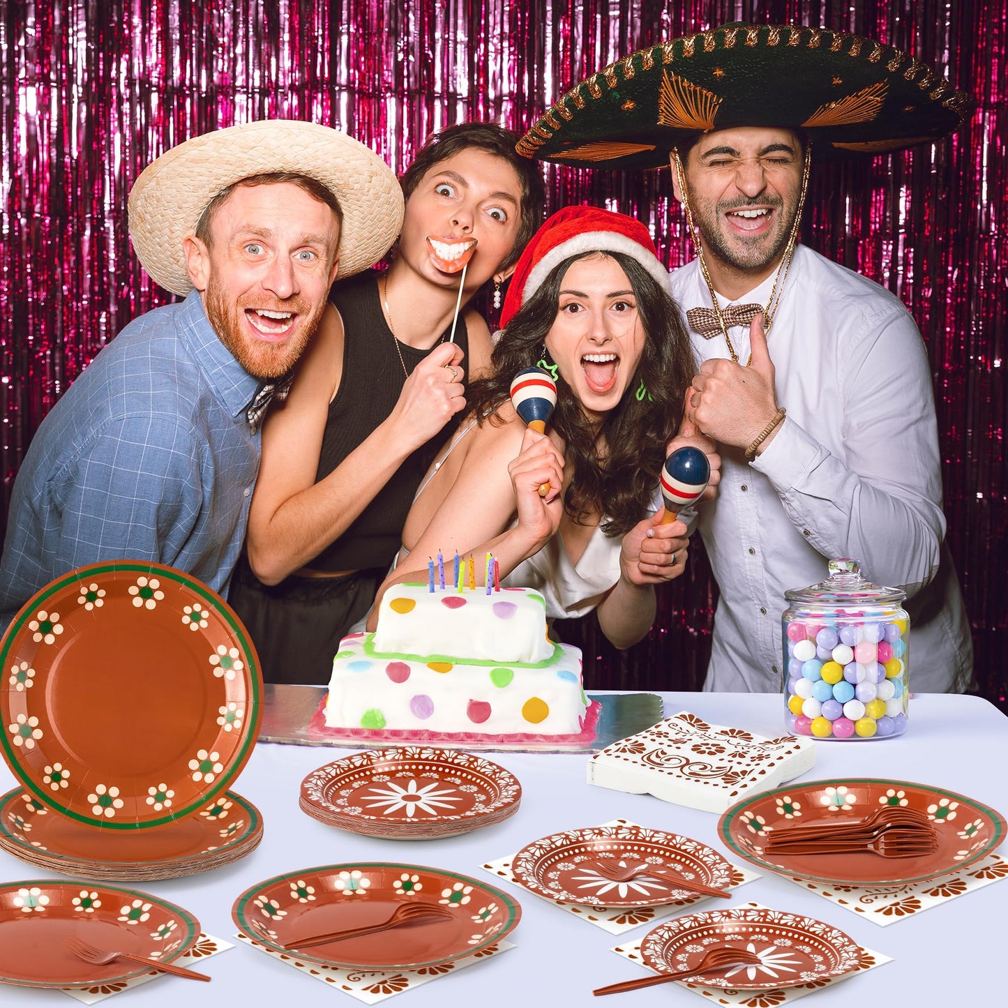 G1ngtar 96Pcs Platos De Barro Mexicanos Cielito Lindo Terracotta Clay Party Plates Supplies Tableware Decorations Disposable Paper Plates Napkins Forks for Birthday Wedding Baby Shower, Serves 24