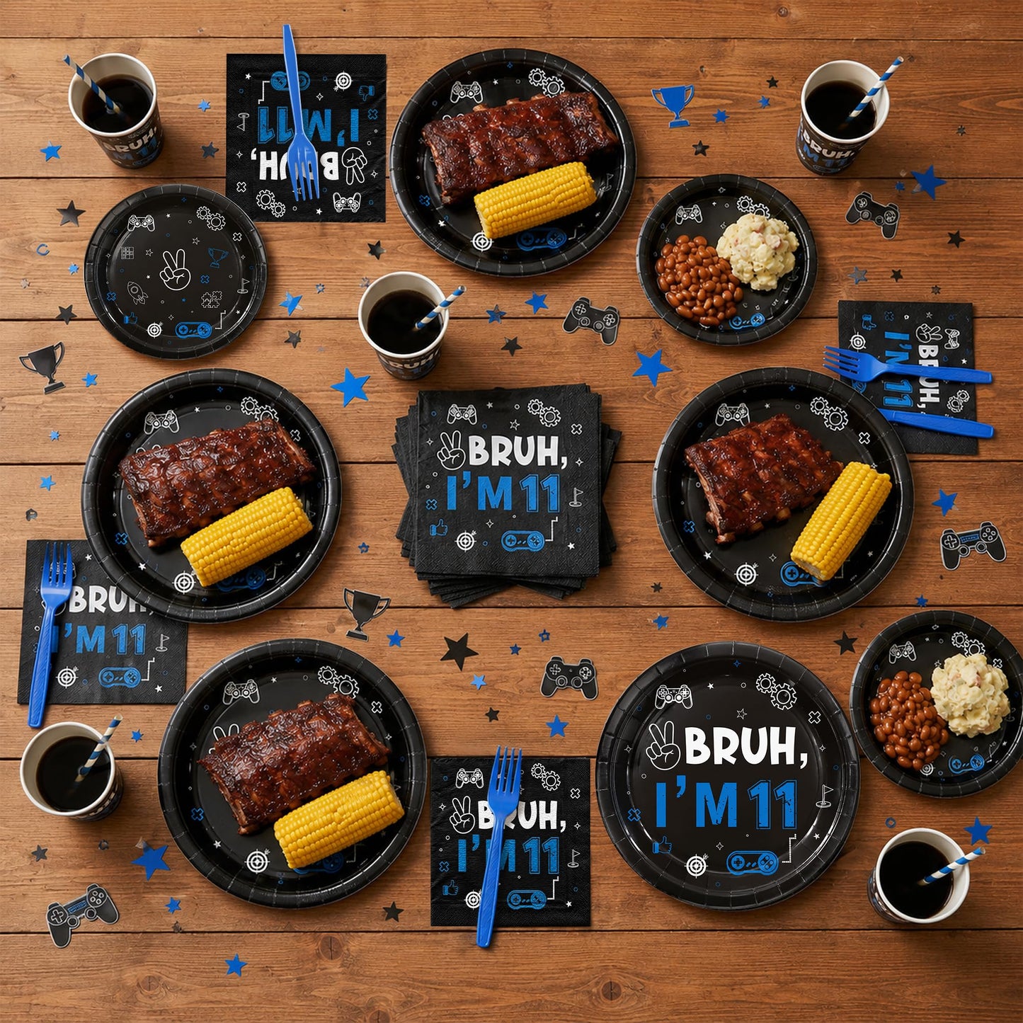 G1ngtar 96Pcs 11th Birthday Party Plates Supplies Bruh I’m 11 Years Old Blue Black Tableware Decorations Disposable Paper Plates Napkins Forks for Boys Girls Teenager Birthday Party, Serves 24