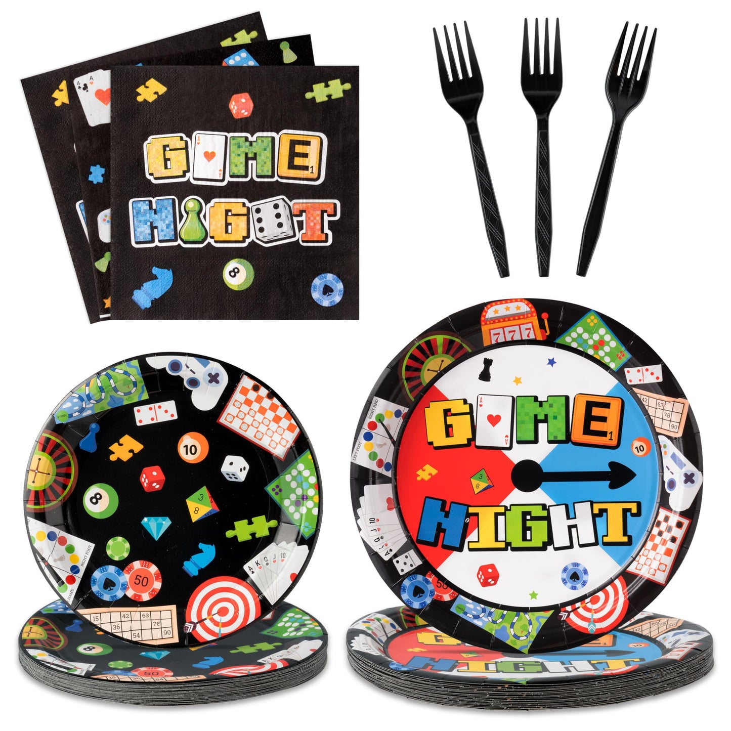 G1ngtar 96Pcs Family Game Night Gaming on Video Game Chess Card Party Plates Supplies - Party Tableware Decorations Disposable Paper Plates Napkins Forks for Birthday Family Gamer, Serves 24 Guest