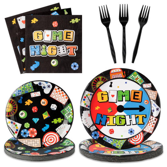G1ngtar 96Pcs Family Game Night Gaming on Video Game Chess Card Party Plates Supplies - Party Tableware Decorations Disposable Paper Plates Napkins Forks for Birthday Family Gamer, Serves 24 Guest