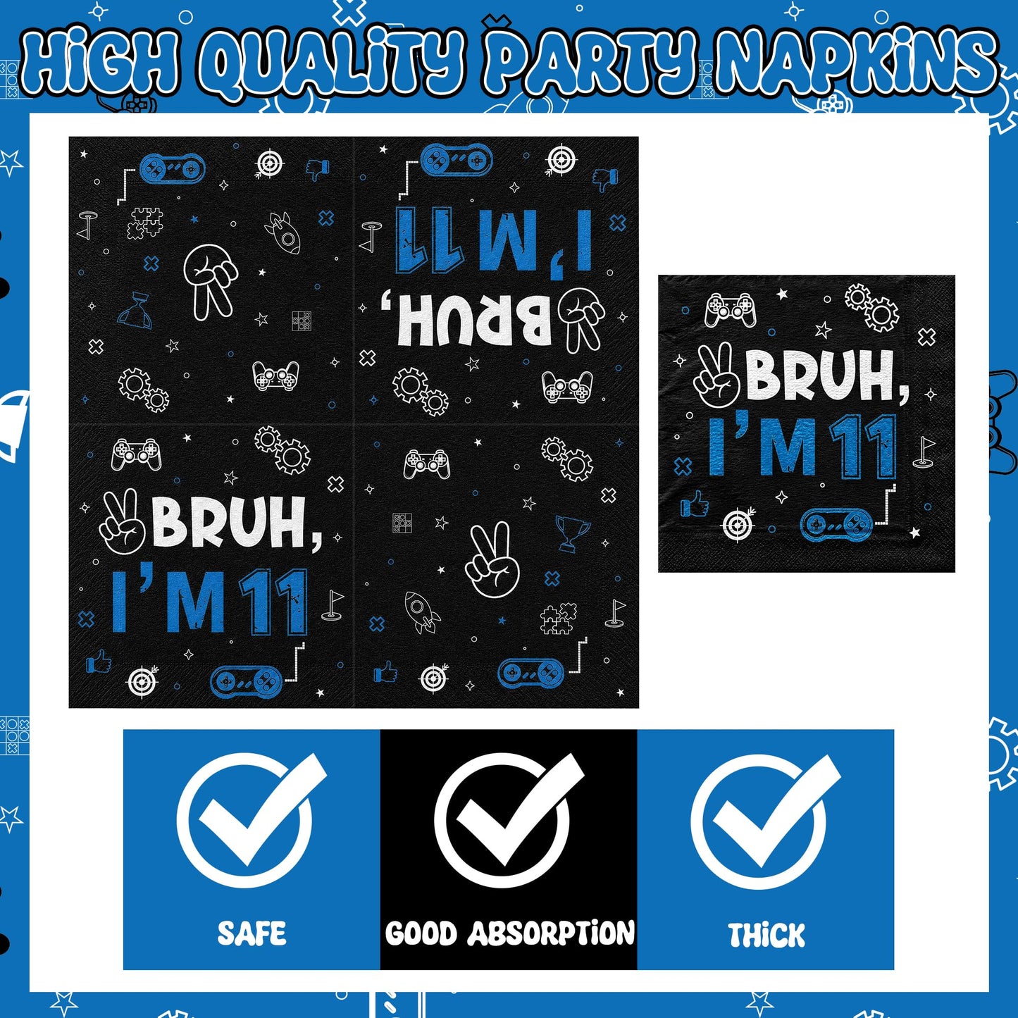 G1ngtar 96Pcs 11th Birthday Party Plates Supplies Bruh I’m 11 Years Old Blue Black Tableware Decorations Disposable Paper Plates Napkins Forks for Boys Girls Teenager Birthday Party, Serves 24