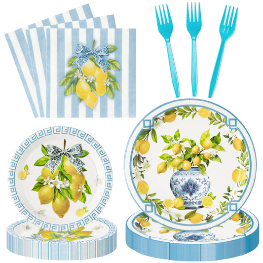 G1ngtar 96Pcs Chinoiserie Vase Lemon Party Plates Supplies Capri Lemon Blue White Vase Tableware Decorations Disposable Paper Plates Napkins Forks for Birthday Summer Party Wedding, Serves 24