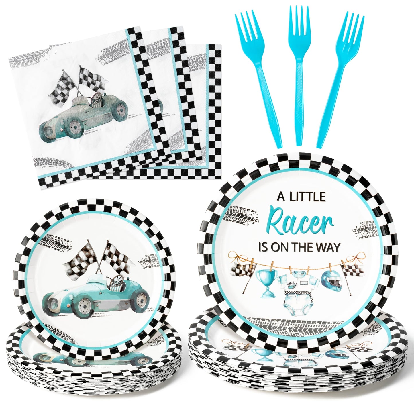 G1ngtar 96Pcs Race Car Baby Shower Party Plates Supplies A Little Racer Is On The Way Racing Car Party Tableware Decorations Disposable Paper Plates Napkins Forks for Kids Birthday, Serves 24