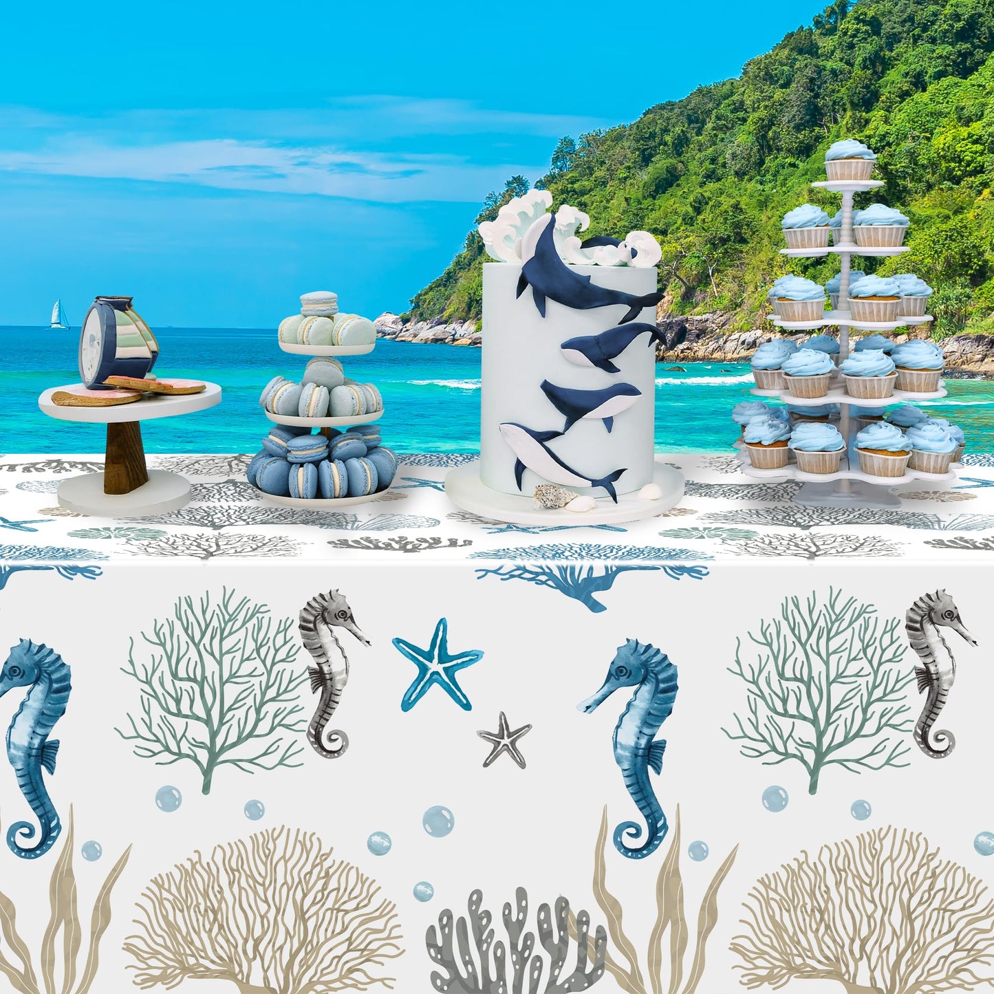 G1ngtar 3Pcs Ocean Seashell Coastal Beach Party Tablecloths Disposable Plastic Waterproof Rectangular Table Covers Summer Starfish Coral Baby Shower Party Decorations Supplies, 86.6"x51.2"