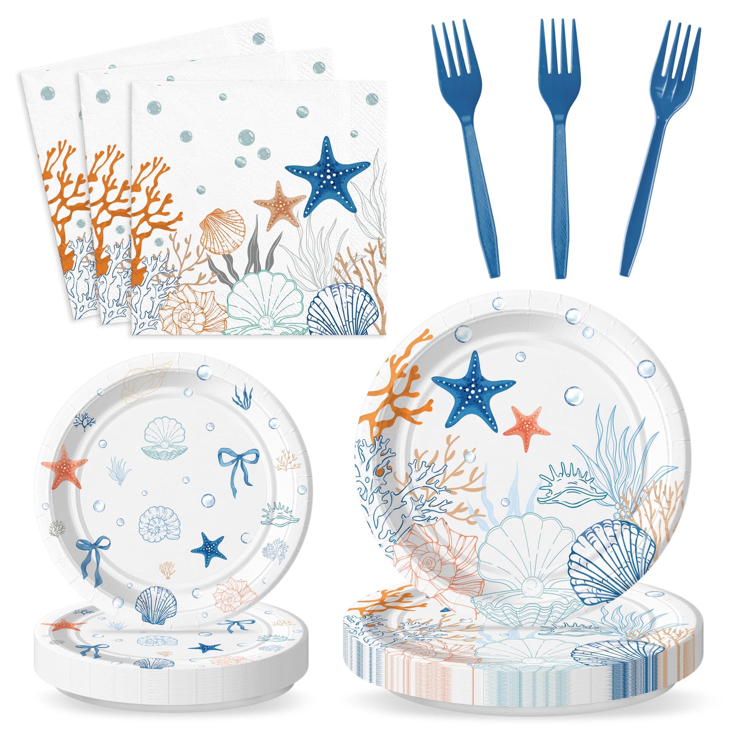 G1ngtar 96Pcs Ocean Seashell Starfish Coral Beach Party Plates Supplies