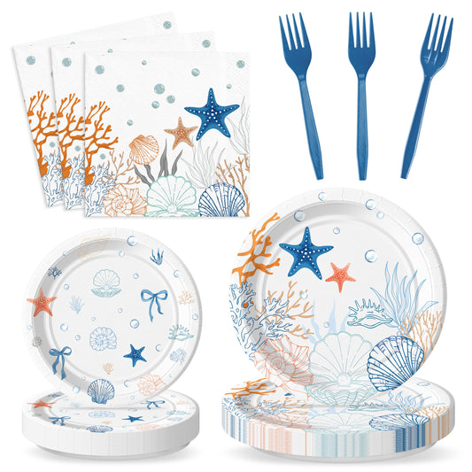 G1ngtar 96Pcs Ocean Seashell Starfish Coral Beach Party Plates Supplies