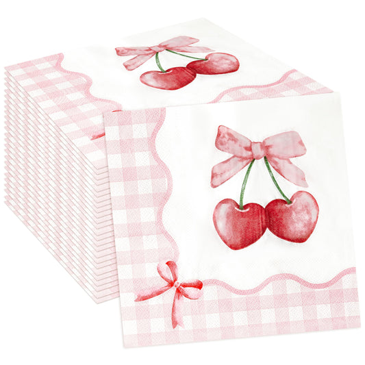 G1ngtar Coquette Pink Bow Paper Napkins - 48Pcs Bow Cherry Party Decoration Cute Paper Napkin Set Disposable Party Supplies Decor for Girls Bachelorette Bridal Engagement Birthday (6.3 Inches)