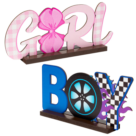 G1ngtar 2Pcs Burnouts or Bow Gender Reveal Wooden Table Centerpieces Boy or Girl Letter Signs Blue Car Wheel Pink Polka Dots Bow Tie Party Decorations Supplies for He or She Gender Reveal Baby Shower