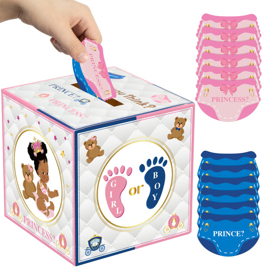 G1ngtar Royal Gender Reveal Voting Box with 50Pcs African American Little Prince Princess Ballot Cards Cast Your Vote Baby Boys or Girls Blue and Pink Baby Shower Gender Reveal Party Games Supplies