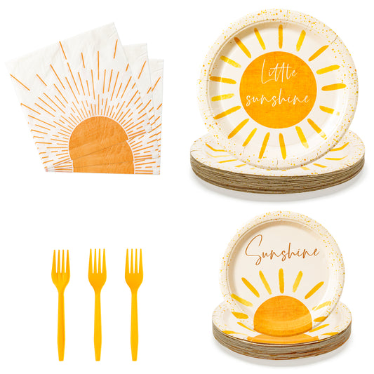 G1ngtar 96Pcs Boho Sun Party Tableware Set - Include Paper Plates Napkins Yellow Forks, First Trip Around The Sun Groovy Disposable Lunch Party Supplies Decorations for Birthday Picnic Baby Shower