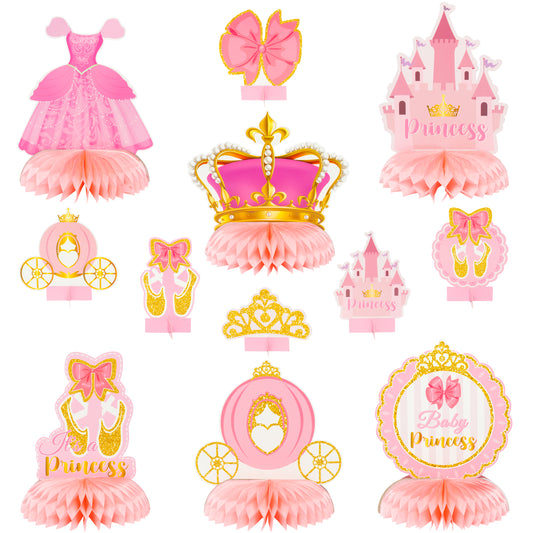 G1ngtar 12Pcs Pink Princess Baby Shower Party Honeycomb Centerpieces for Girls It’s a Princess Girl Gender Reveal Party Table Toppers Pink and Gold Party Decorations Supplies Favors Photo Booth Props