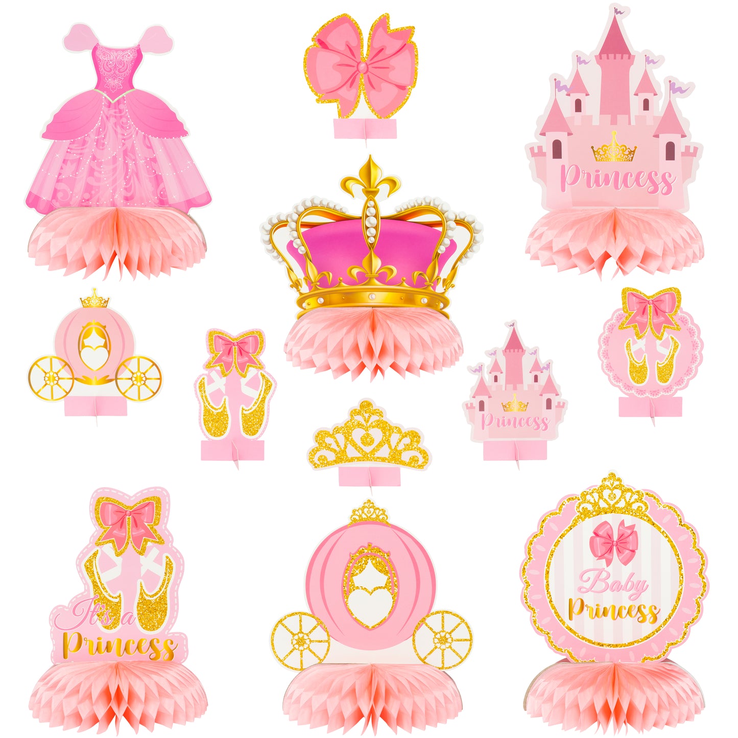 G1ngtar 12Pcs Pink Princess Baby Shower Party Honeycomb Centerpieces for Girls It’s a Princess Girl Gender Reveal Party Table Toppers Pink and Gold Party Decorations Supplies Favors Photo Booth Props