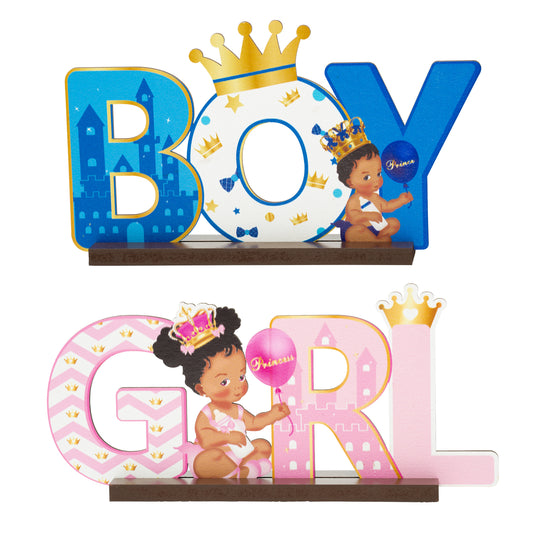 G1ngtar 2Pcs Royal Prince or Princess Gender Reveal Wooden Table Centerpieces African American Boy or Girl Letter Signs Blue and Pink Party Decorations Supplies for He or She Gender Reveal Baby Shower