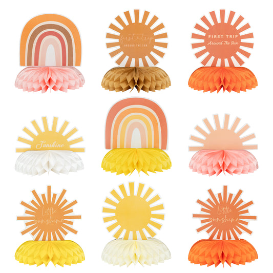 G1ngtar 9Pcs Boho Sun Honeycomb Centerpieces Table Toppers Bohemian Hippie Rainbow Muted Sun Table Decor First Trip Around the Sun Birthday Party Decoration Baby Shower Supplies for Baby Boys Girls