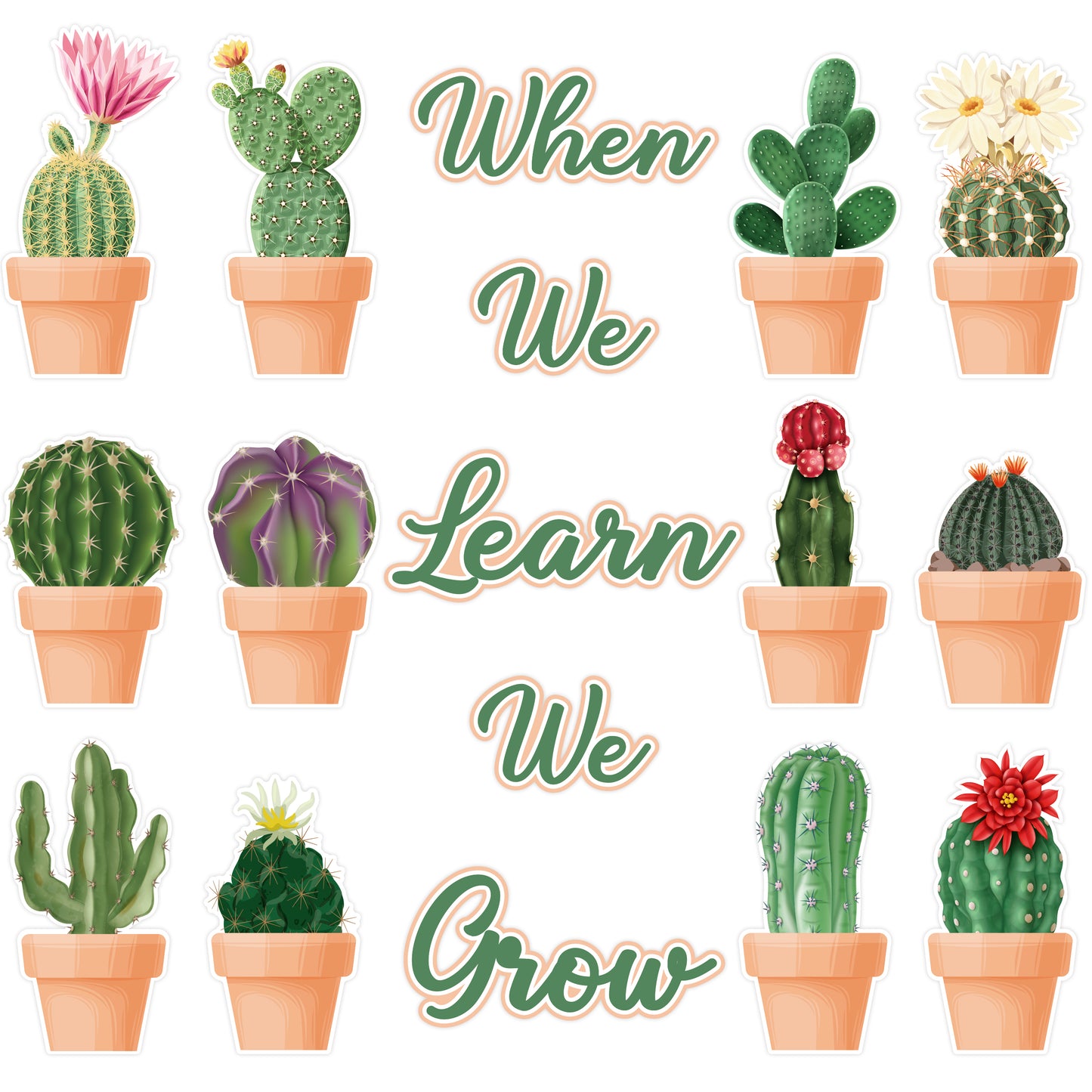 G1ngtar 70Pcs When We Learn We Grow Cactus Bulletin Board Decoration Set Green Plant Prickly Cactus DIY Cardstock Paper Cutouts Wall Decals Teacher Supplies for Fiesta Classroom School Kindergarten