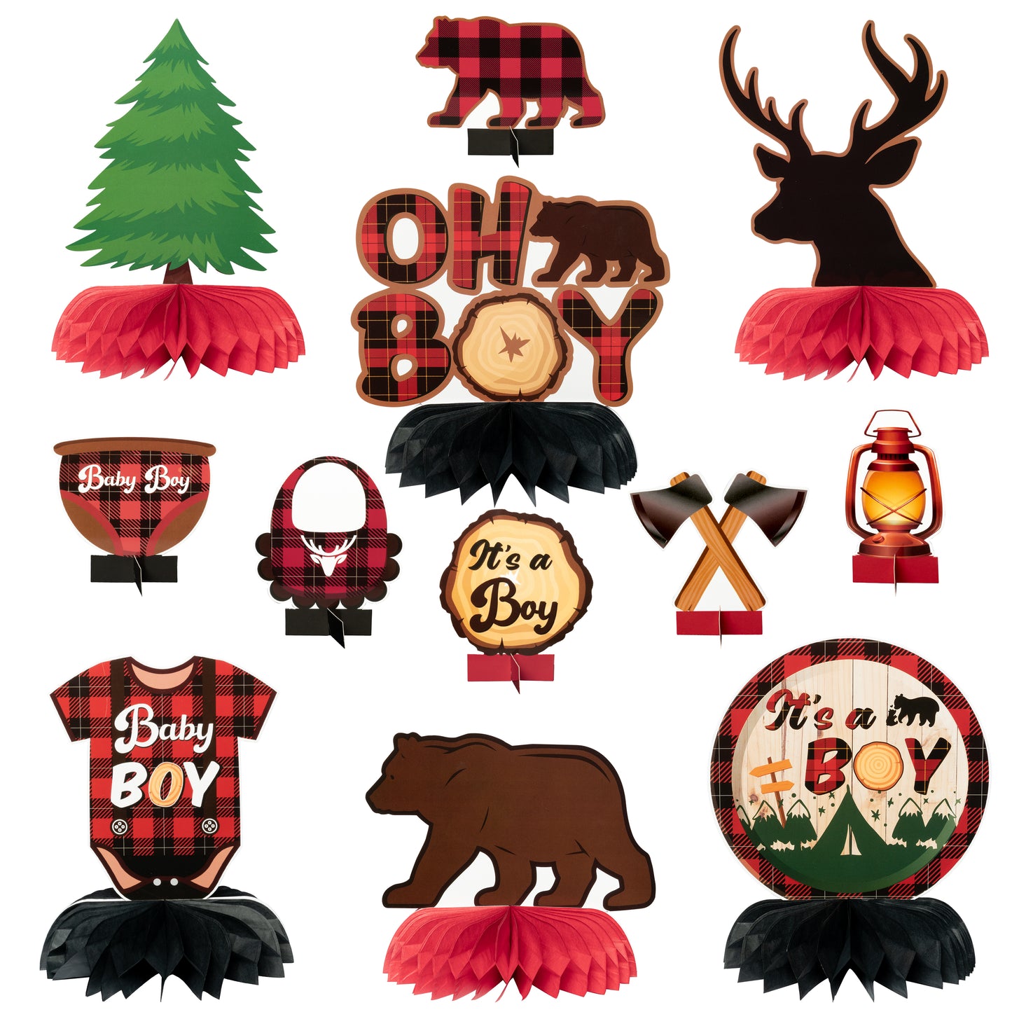 G1ngtar 12Pcs Lumberjack Baby Shower Party Honeycomb Centerpieces for Baby Boys Red Buffalo Plaid It’s a Boy Table Toppers Adventure Themed Gender Reveal Party Decoration Supplies Photo Booth Props