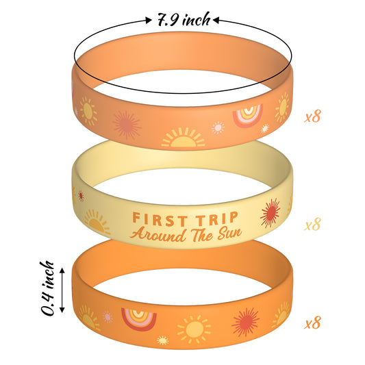 G1ngtar 24Pcs Boho Sun First Trip Around the Sun Silicone Bracelets Stretch Rubber Wristbands Bohemian Hippie Groovy Boho Rainbow Theme First Birthday Party Favors Supplies Baby Shower Gifts for Kids